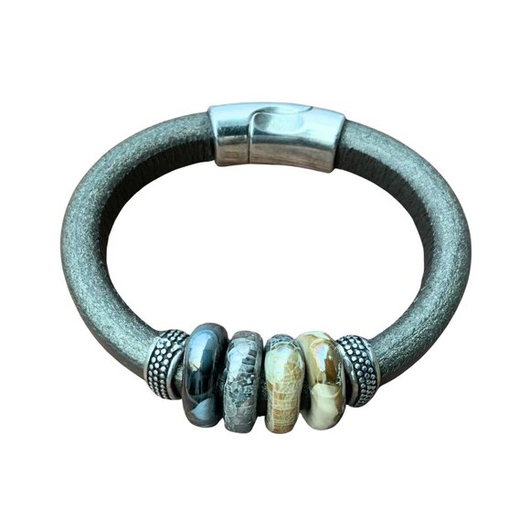 Artisan Leather Cuff Bracelet Ceramic Focal Beads Magnetic Closure - Picture 2 of 5